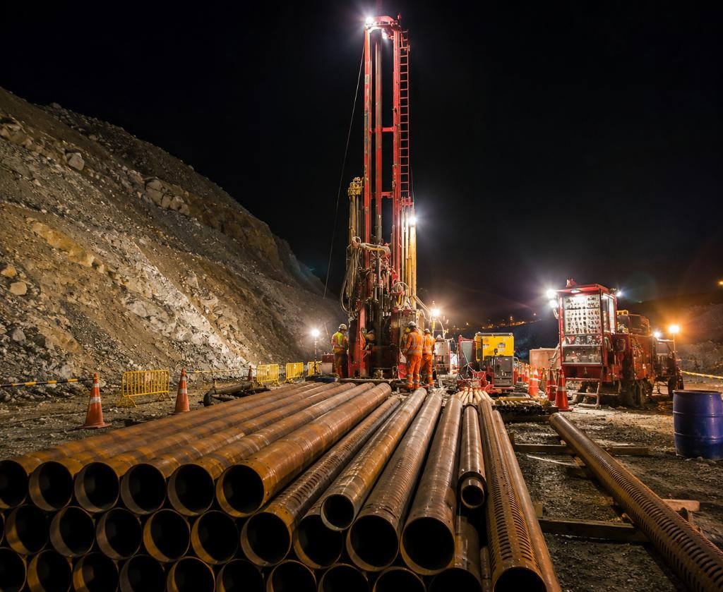 XPLOM RC drilling crew and equipment on site at night